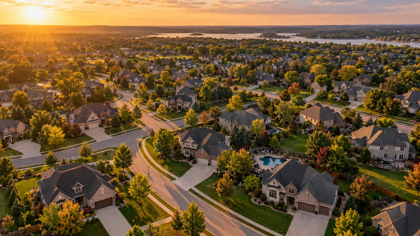 aerial suburban neighborhood golden hour