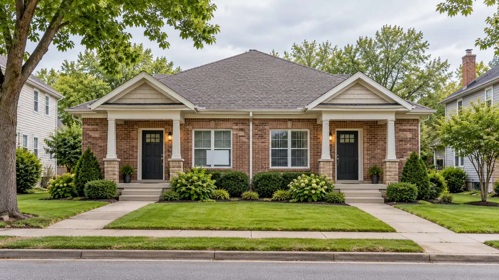 Brick duplex rental property with two front doors and porches
