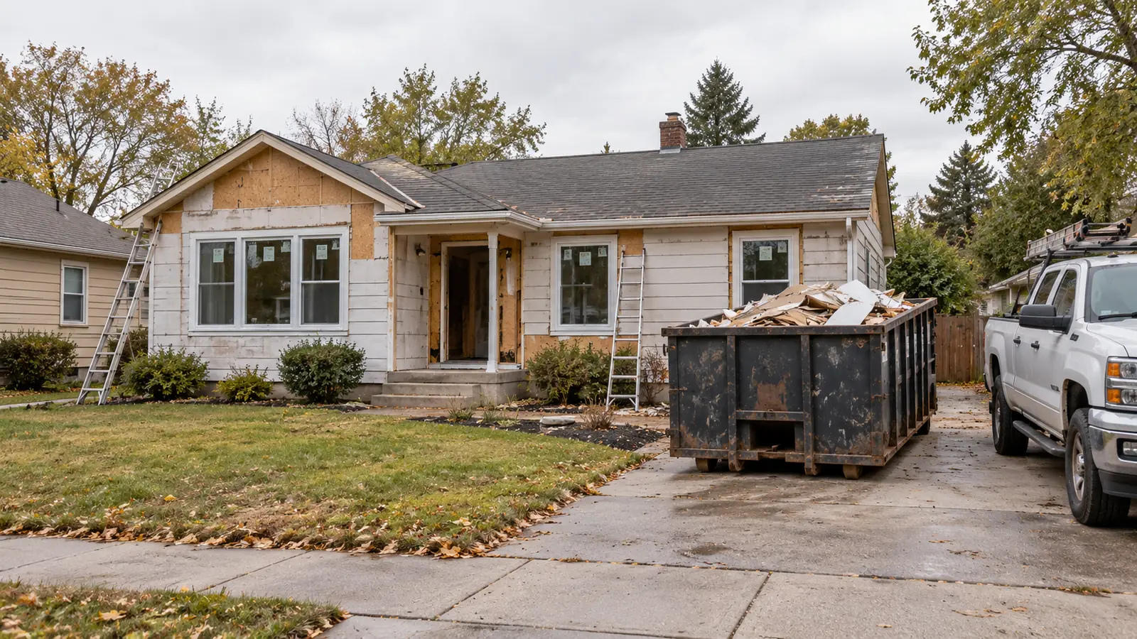 Older house under renovation with a dumpster in the driveway and a contractor truck