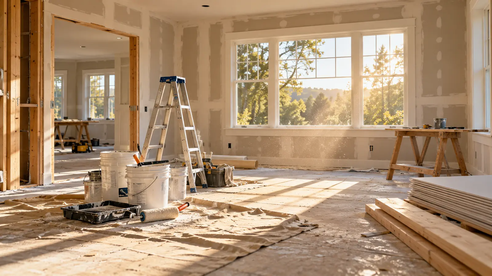 House interior in the middle of a renovation with ladders and paint