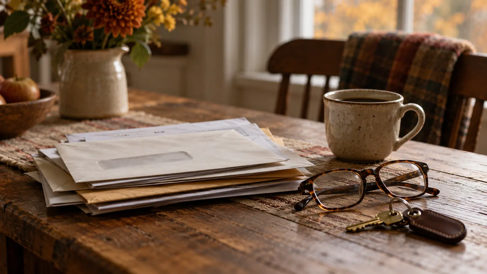 Legal envelopes, papers and house keys on a kitchen table