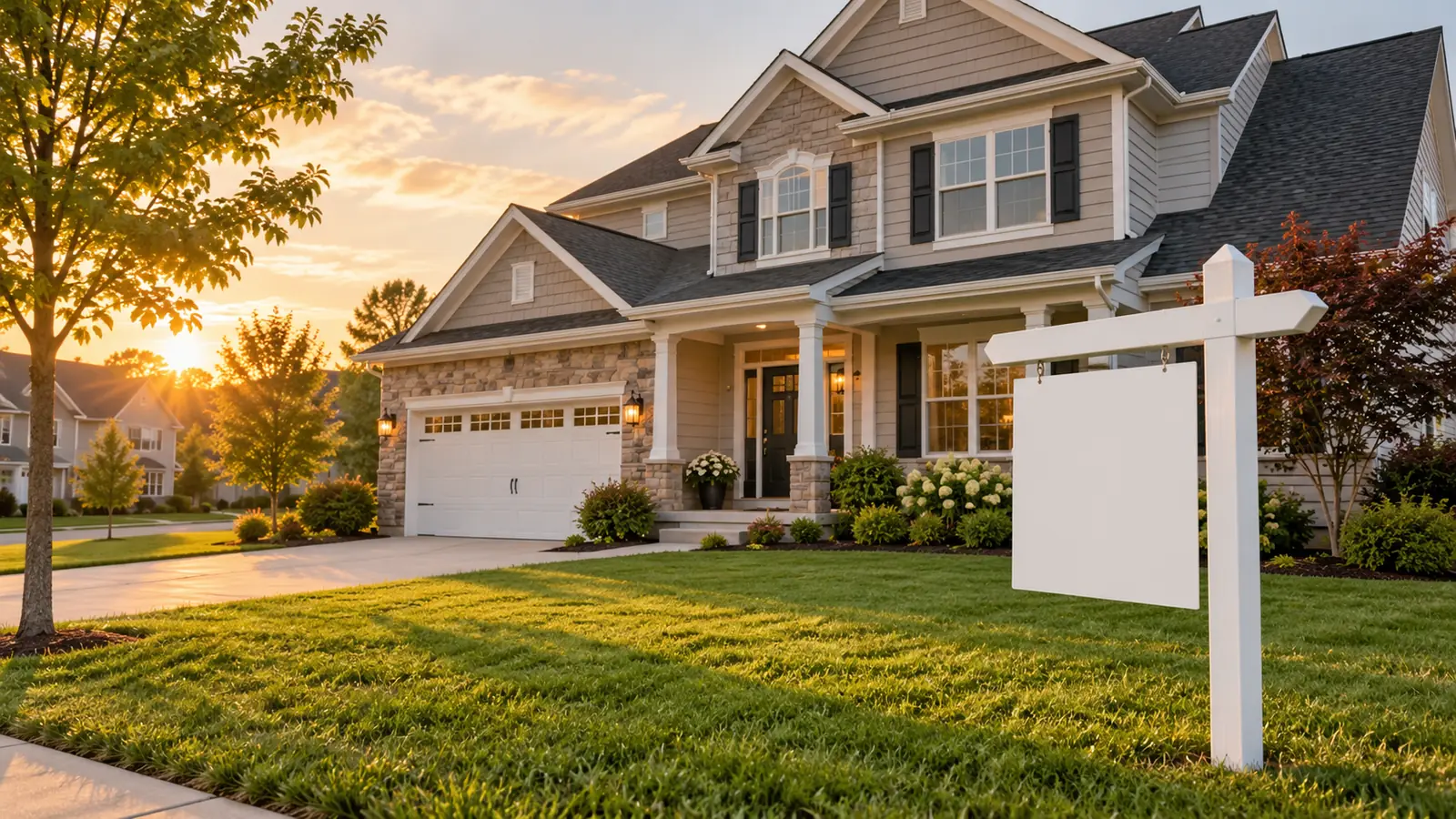Suburban two-story house with a blank yard sign in the front lawn at golden hour