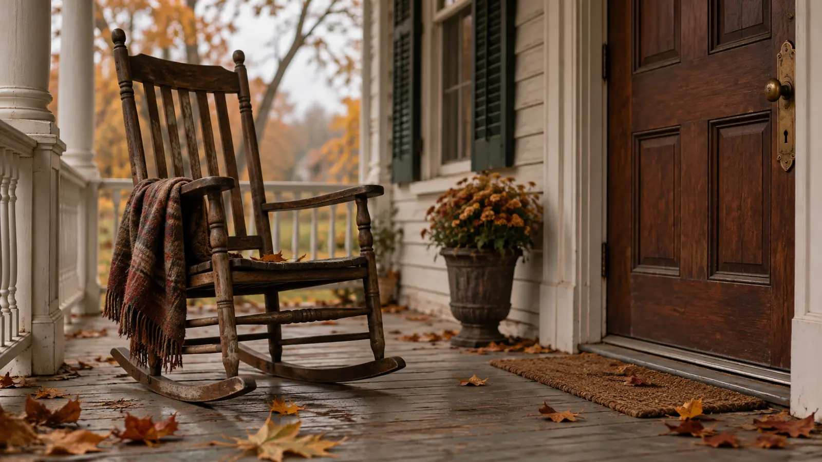Empty rocking chair on the porch of an older family home in autumn