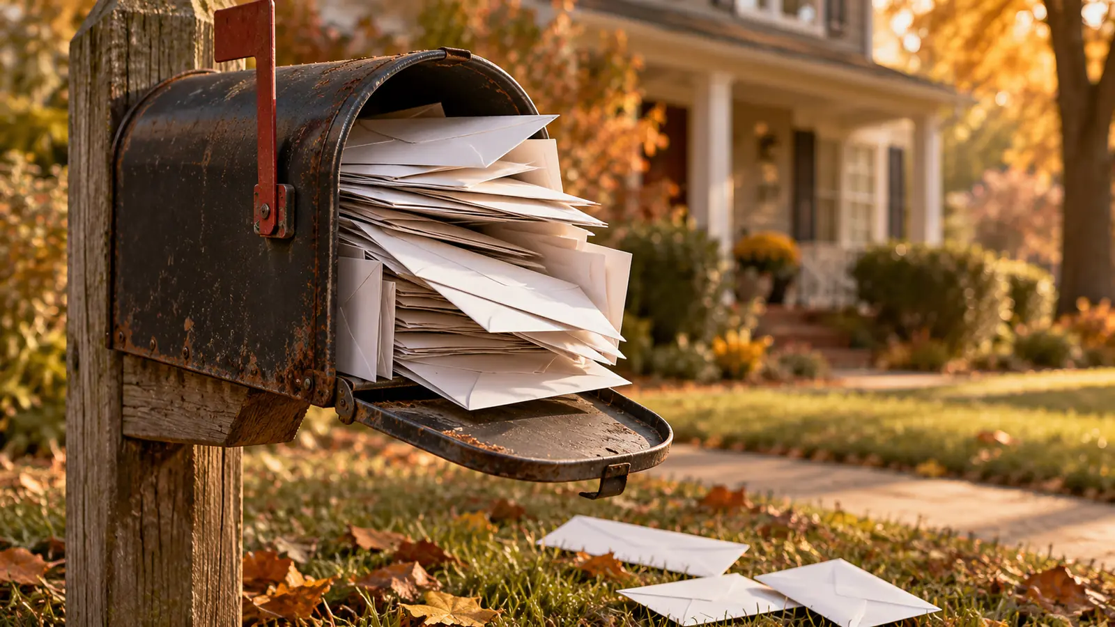 Overstuffed mailbox with identical letters in front of a house