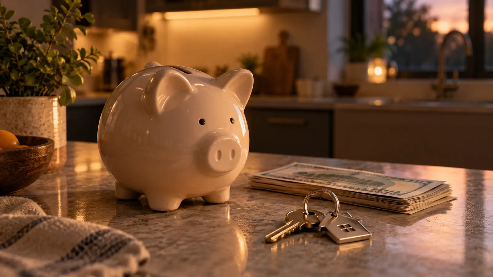 piggy bank bills house keys tax debt