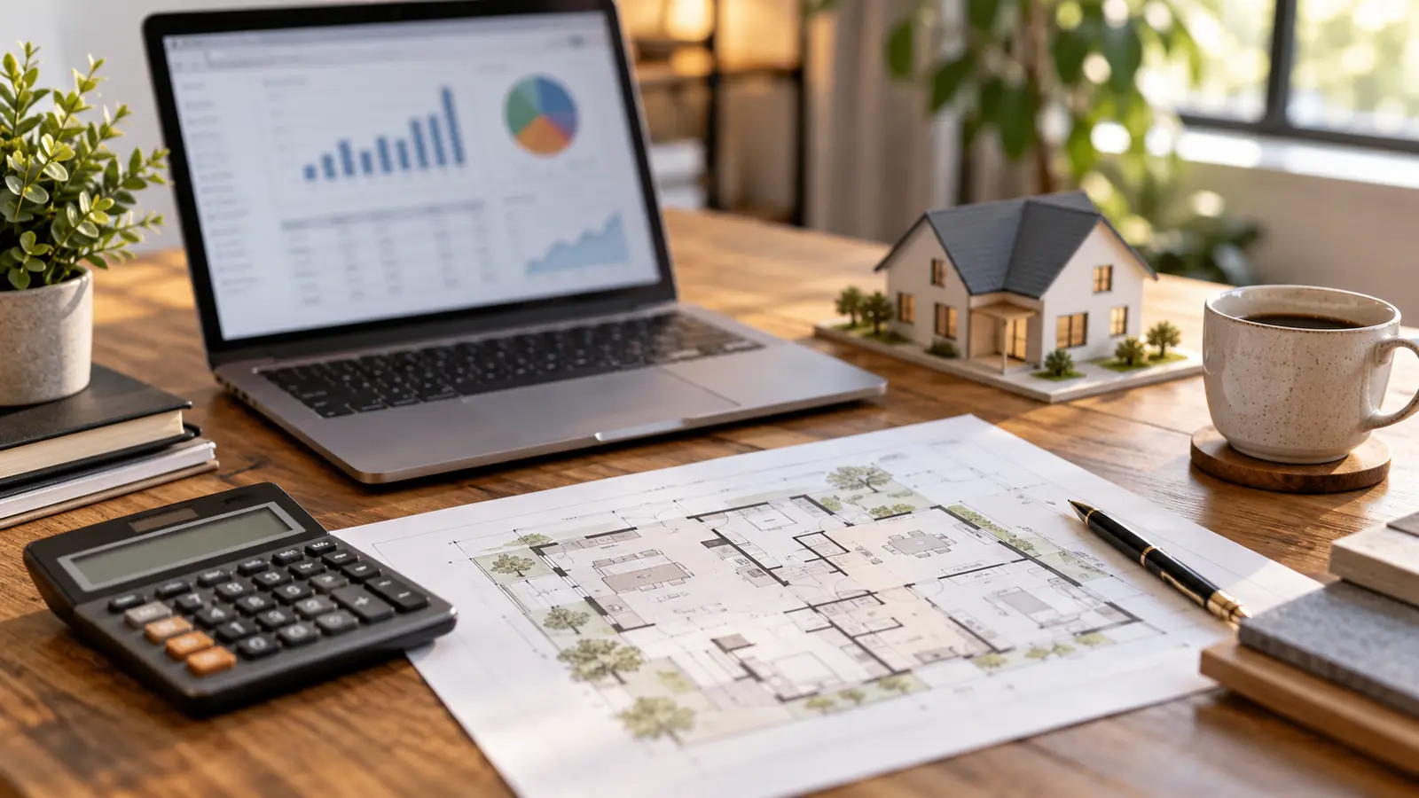 Real estate investor's desk with a laptop spreadsheet, calculator, floor plan and a model house