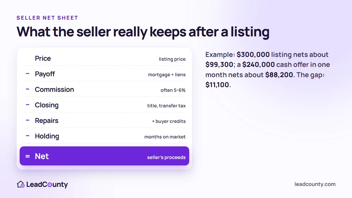 Seller net sheet formula comparing a cash offer with listing: price minus payoff, commission, closing costs, repairs and holding costs