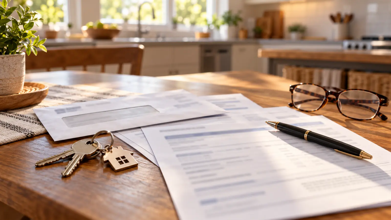 Mortgage papers, house keys, a pen and reading glasses on a kitchen table