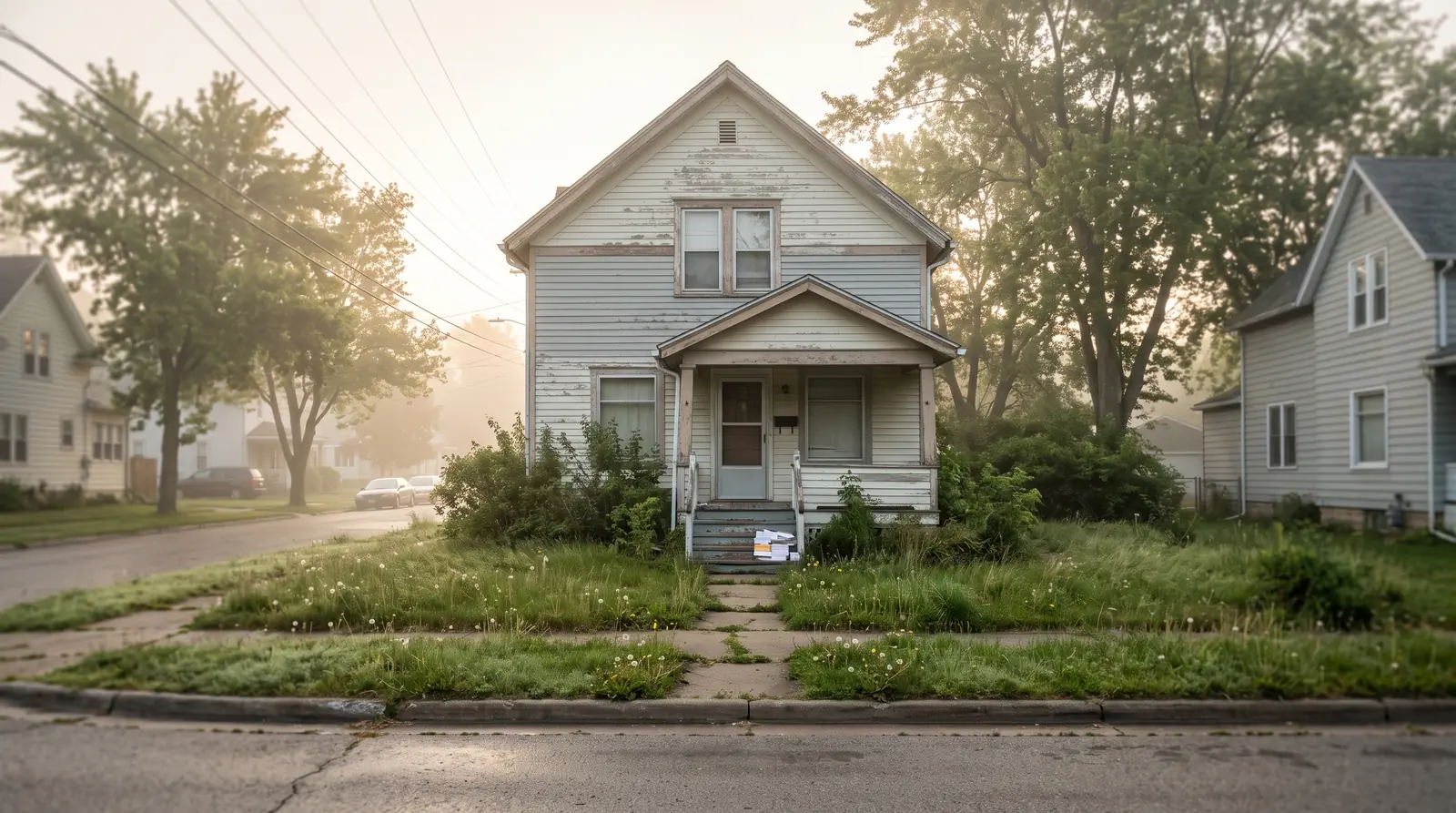 Quiet suburban street with a slightly neglected house and unopened mail on the porch