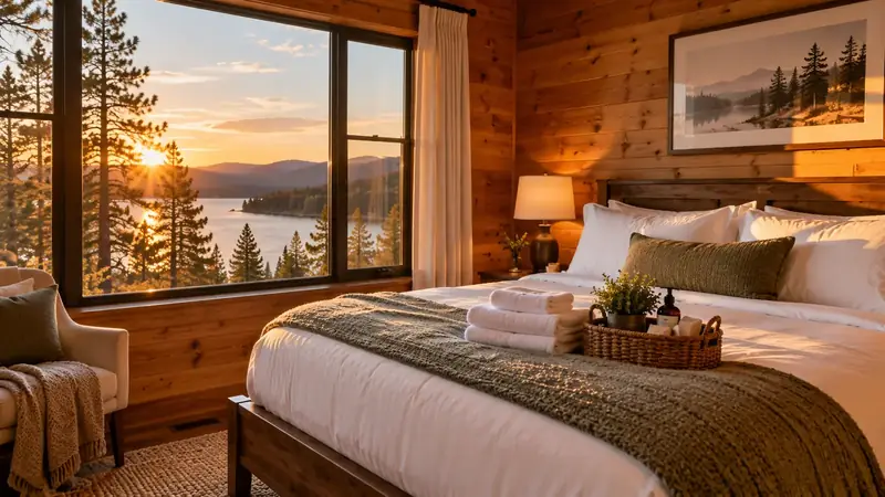 Vacation rental cabin bedroom made up for guests with a lake view