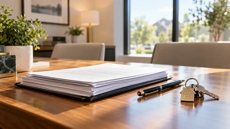 Closing table with signed documents, a pen and house keys in a bright title office