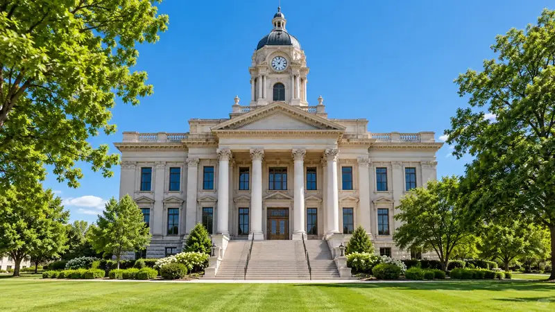 Classic American county courthouse with white columns and a clock tower
