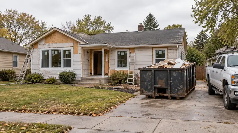 Older house under renovation with a dumpster in the driveway and a contractor truck