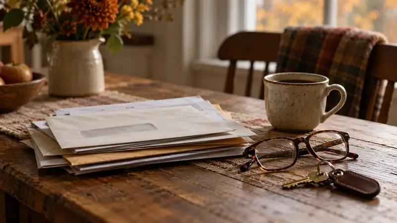 Legal envelopes, papers and house keys on a kitchen table