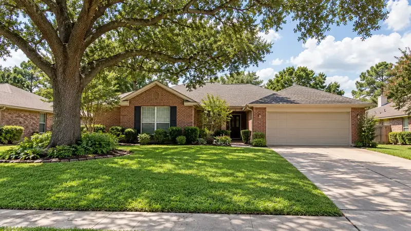 Single-story red-brick ranch house with a live oak tree in a Houston suburb