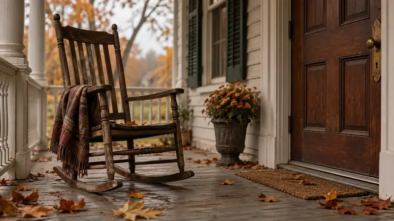 Empty rocking chair on the porch of an older family home in autumn