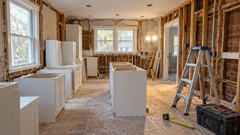 Kitchen in the middle of a remodel with new cabinets, open walls, a ladder and tools