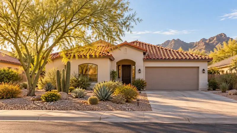 Phoenix-area stucco house with a tile roof and desert landscaping