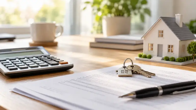 Mortgage papers, a calculator and house keys next to a small model house on a desk