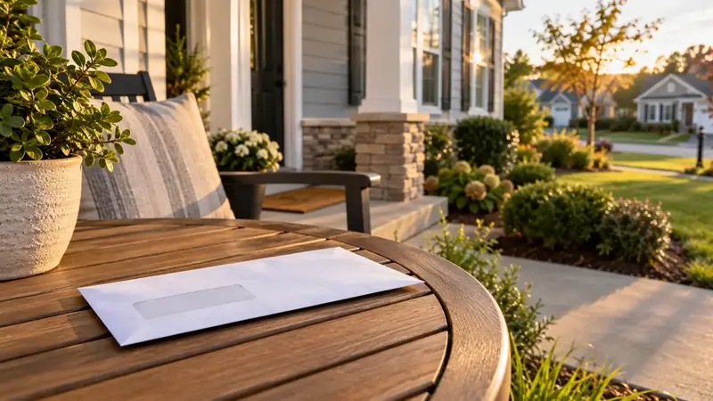 Property tax bill envelope on a porch table in front of a suburban home