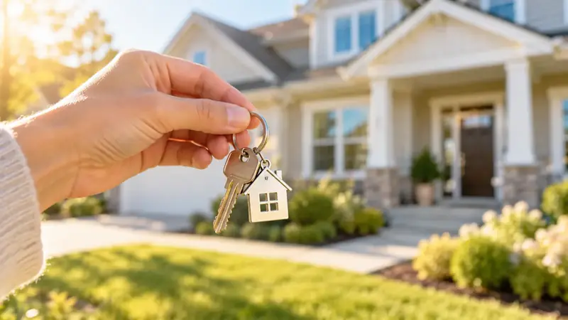 Hand holding house keys in front of a modern suburban home