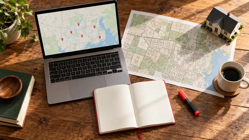 Real estate investor's desk with a laptop map, a county map and a model house