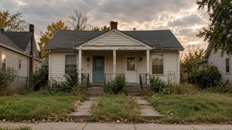 Older rental duplex with an overgrown yard on a cloudy afternoon