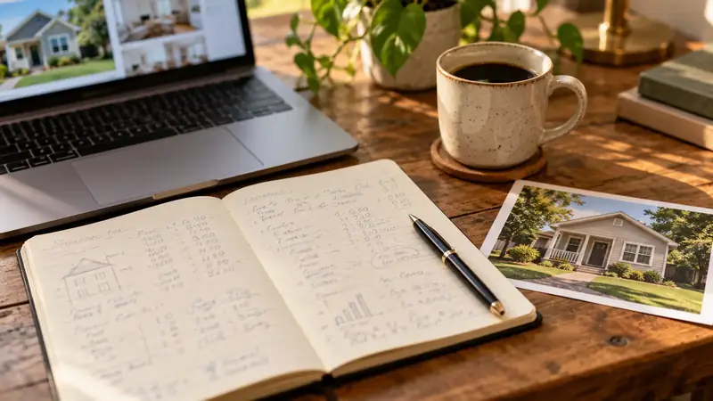 Notebook with quick deal math next to a laptop and a photo of a rental house