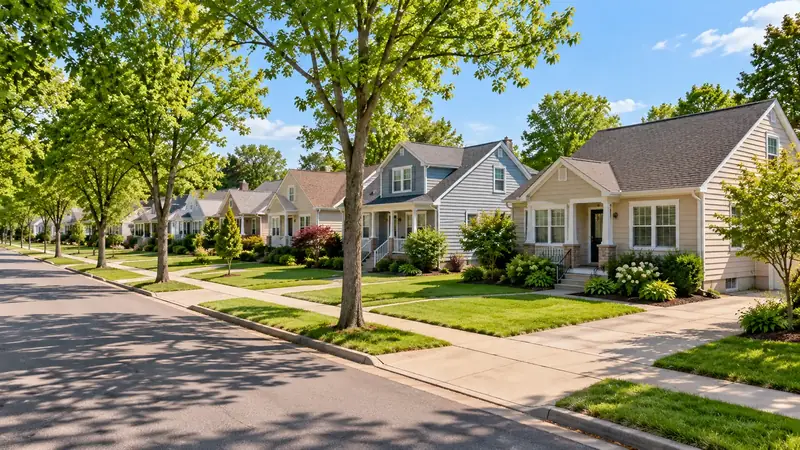 Row of single-family rental houses on a tree-lined street
