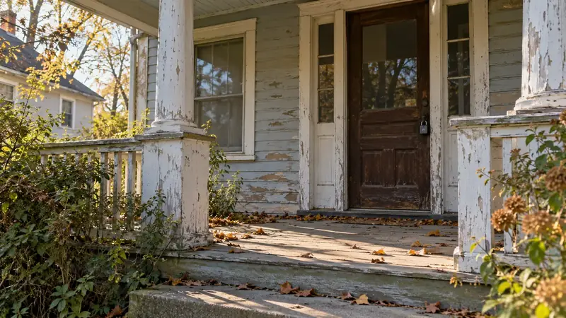 Front porch of an older vacant house with a lockbox on the door
