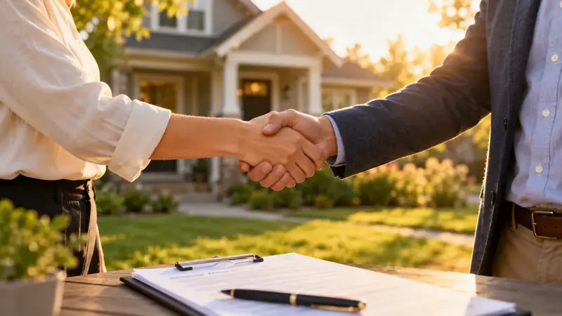Two investors shaking hands over a purchase contract with a house in the background