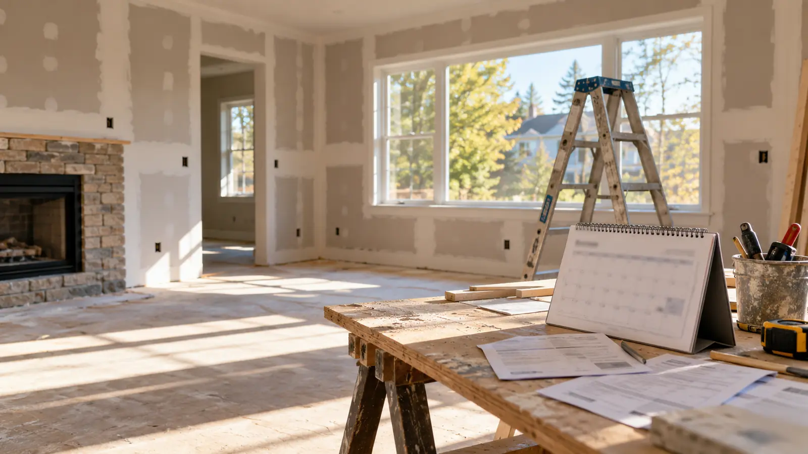 Empty house under renovation with a wall calendar and utility bills on a work table