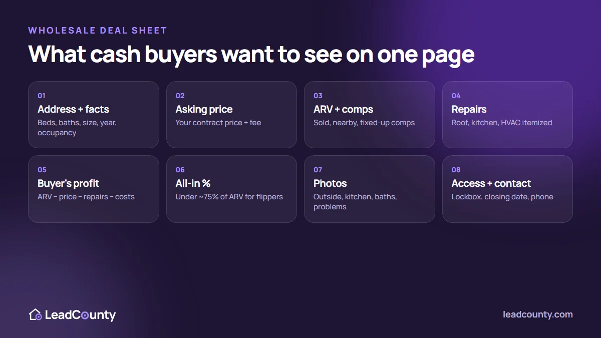 Wholesale deal sheet checklist: what cash buyers want on a one-page deal sheet