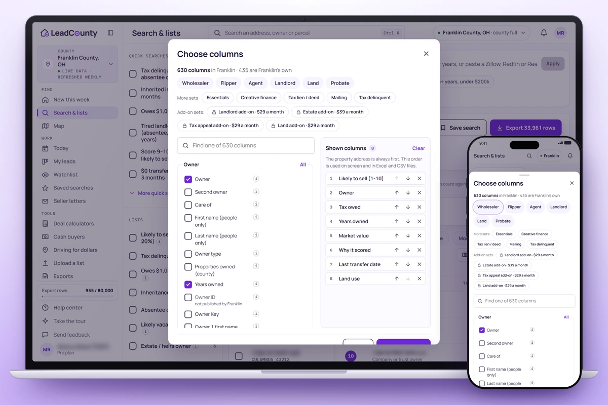 LeadCounty columns picker: columns grouped by topic with presets for wholesalers, agents, flippers and landlords