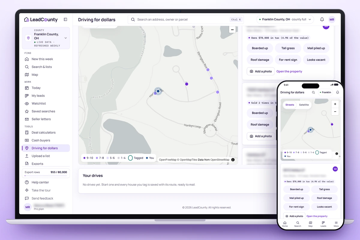 LeadCounty driving for dollars on a phone: nearby Franklin County properties with their seller signals