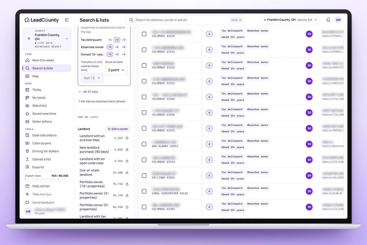 The list panel in Search: three seller lists ticked, each with its weight, and the owners on all three at the top
