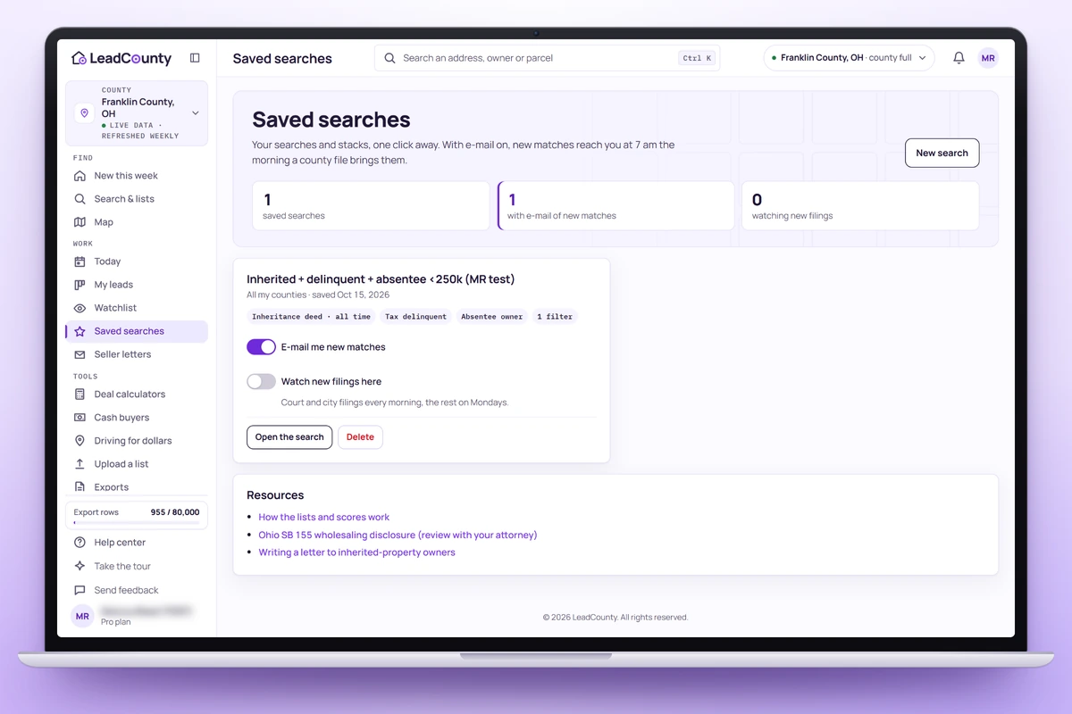 LeadCounty saved searches with Monday e-mail alerts switched on