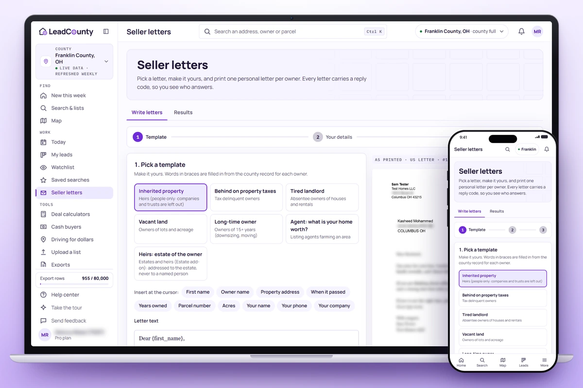 LeadCounty seller letters: templates, merge fields and the letter preview