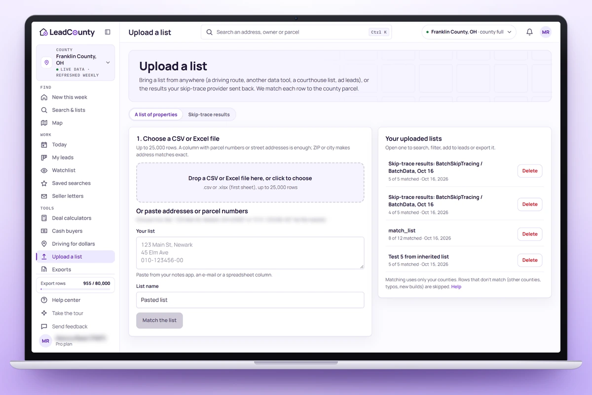 LeadCounty upload a list: a CSV matched to county parcels with the match summary